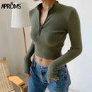 Aproms Eleganter Stehkragen Reißverschluss vorne Strickpullover Damen Solide Basic Cropped Pullover Winter Frühling Mode Kleidung Top 2021