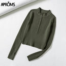 Aproms Eleganter Stehkragen Reißverschluss vorne Strickpullover Damen Solide Basic Cropped Pullover Winter Frühling Mode Kleidung Top 2021