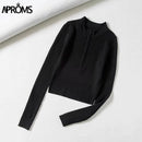 Aproms Eleganter Stehkragen Reißverschluss vorne Strickpullover Damen Solide Basic Cropped Pullover Winter Frühling Mode Kleidung Top 2021