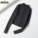 Aproms Eleganter Stehkragen Reißverschluss vorne Strickpullover Damen Solide Basic Cropped Pullover Winter Frühling Mode Kleidung Top 2021