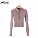 Aproms Eleganter Stehkragen Reißverschluss vorne Strickpullover Damen Solide Basic Cropped Pullover Winter Frühling Mode Kleidung Top 2021