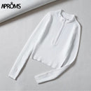 Aproms Eleganter Stehkragen Reißverschluss vorne Strickpullover Damen Solide Basic Cropped Pullover Winter Frühling Mode Kleidung Top 2021