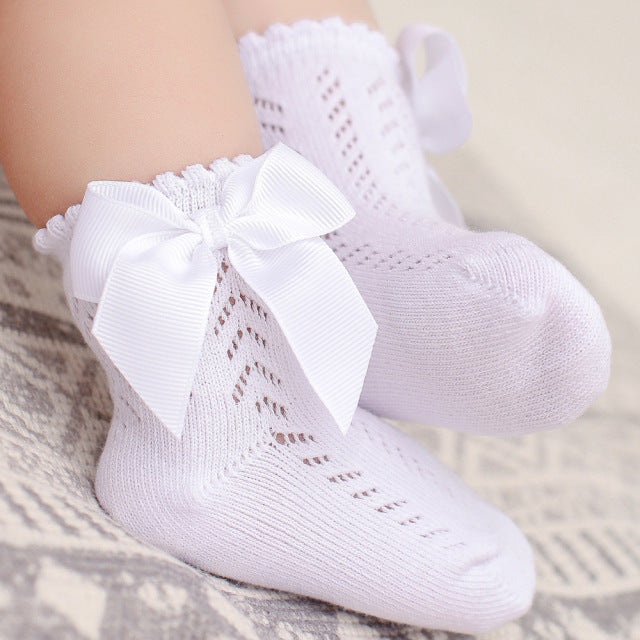 Sommer Baby Mädchen Socken Kleinkinder Bogen Lange Socke Kinder Kniestrümpfe Weiches Baumwollnetz Spanischer Stil Kinder 0-5 Jahre Atmungsaktive Socken