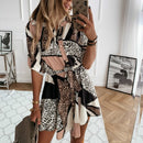 Mode-Herbst-Frauen-Leopard-bedrucktes Hemd-Kleid-Krawatten-Taillen-Aufroll-Ärmel-Knöpfe Turn-down-Kragen-Plissee-Kleid