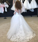 Puffy Tüll Spitze Ballkleid Blumenmädchenkleider Langarm Mädchen Prinzessin Kleid Illusion Mädchen Hochzeit Kleid Erstkommunion