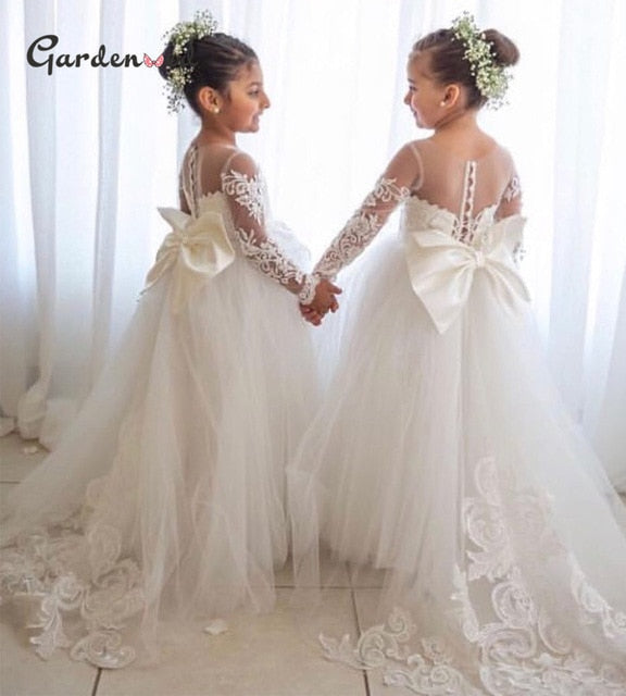 Puffy Tulle Lace Ball Gown Flower Girl Dresses Long Sleeve Girl Princess Dress Illusion Girl Wedding Party Dress First Communion
