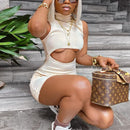 WJFZQM Sexy Bodycon Schwarzes Kleid Frauen Sommer Khaki Kurzes Bleistiftkleid Party Club Aushöhlen Gerippte Ärmellose Mini Wickelkleider