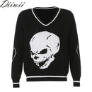 DiiWii Hot Style Girls Top mit V-Ausschnitt und Totenkopf-Print, lockerer, langärmliger Pullover