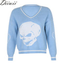 DiiWii Hot Style Girls Top mit V-Ausschnitt und Totenkopf-Print, lockerer, langärmliger Pullover