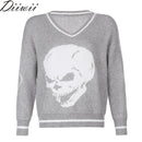 DiiWii Hot Style Girls Top mit V-Ausschnitt und Totenkopf-Print, lockerer, langärmliger Pullover