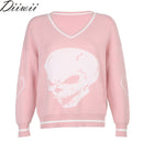 DiiWii Hot Style Girls Top mit V-Ausschnitt und Totenkopf-Print, lockerer, langärmliger Pullover