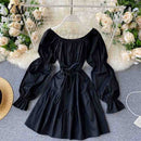 YuooMuoo Early Autumn Dress 2020 Retro Gothic Women White Black Bandage Mini Dress Sexy Off Shoulder Puff Sleeve Korean Vestidos