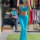 ALLNeon Y2K Streetwear Sexy Bandage Blue Co-ord Suits 2000s Moda Cordón Halter Top y pantalones acampanados de cintura alta Conjunto de 2 piezas