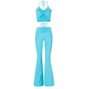 ALLNeon Y2K Streetwear Sexy Bandage Blue Co-ord Suits 2000s Moda Cordón Halter Top y pantalones acampanados de cintura alta Conjunto de 2 piezas