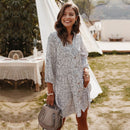 2021 New Casual Sommerkleid Frauen Einreiher Punktdruck über dem Knie Mini V-Ausschnitt Kleid mit drei Vierteln Ärmeln