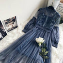 Neuheiten Frauen Spitze Blumenkleid Gaze Laterne Ärmel Voile Langes Kleid Weibliche Retro Haken Prinzessin Kleid 2 Stück Set