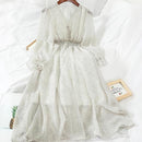 Neuer Herbst V-Ausschnitt Polka Dot Slim Chiffon Kleid Knopf Puffärmel Hohe Taille Elegantes Frauen Wadenkleid