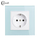 Coswall Wall Tempered Glass Panel Power Socket Grounded 16A EU Russia Spain Outlet With Children Protective Lock