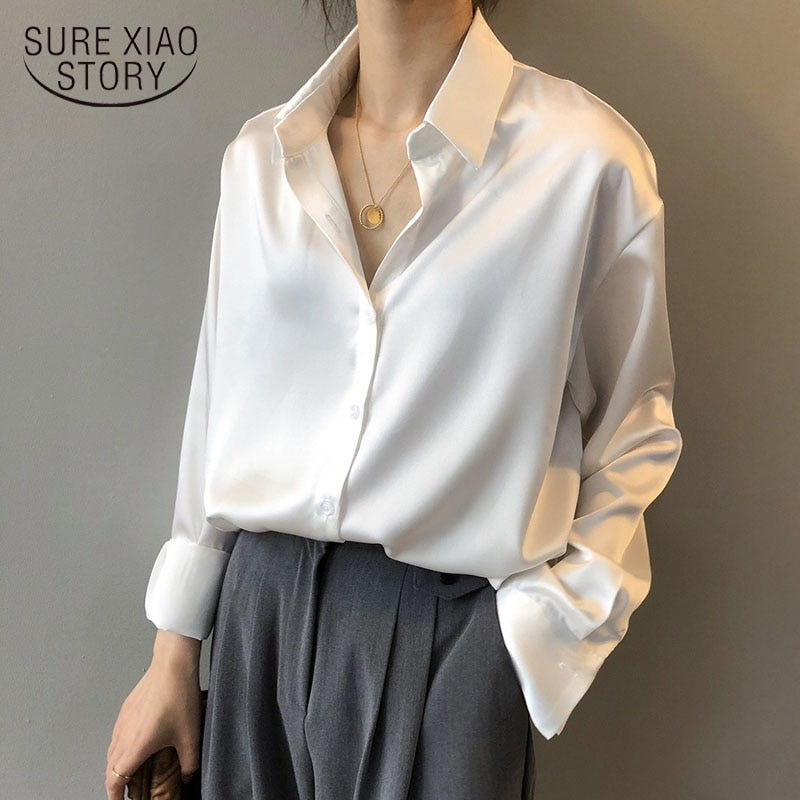 Camisa de seda satinada con botones a la moda de otoño, blusa Vintage para mujer, camisas de calle holgadas de manga larga para mujer blanca para mujer 11355