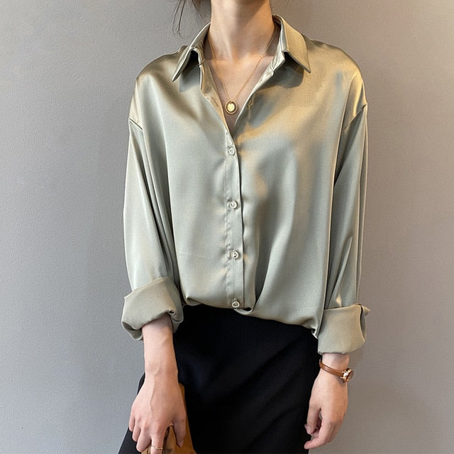 Camisa de seda satinada con botones a la moda de otoño, blusa Vintage para mujer, camisas de calle holgadas de manga larga para mujer blanca para mujer 11355