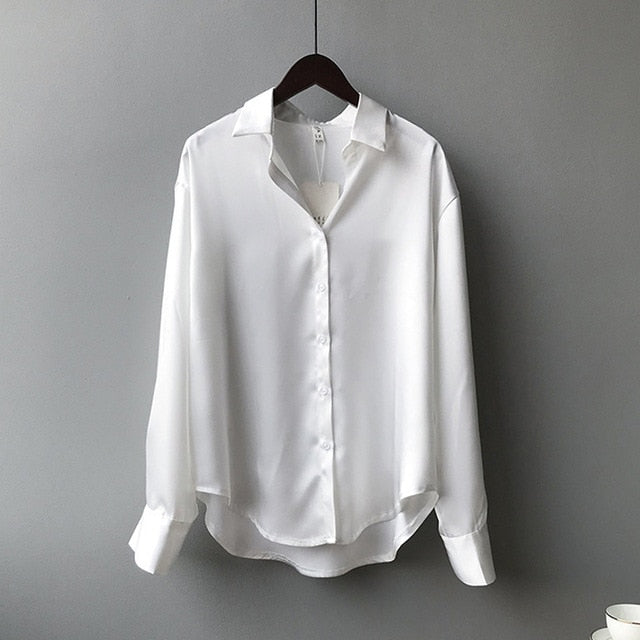 Herbstmode Button Up Satin Seidenhemd Vintage Bluse Frauen Weiße Dame Lange Ärmel Weibliche Lose Straßenhemden 11355