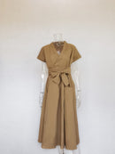 Bürodame Frauen Casual Schärpen A-Linie Kleid Damen Kurzarm V-Ausschnitt Sommerkleid 2020 Mode Midi Partykleid Vestidos