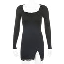 Frauen Winter Kleid Frauen 2021 Neuheiten Sexy Langarm Spitze Split Schwarz Weiß Feste Party Kleider Vestidos