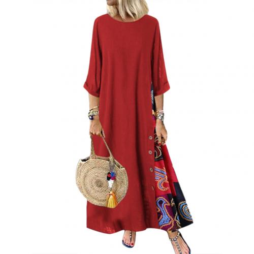 Verano otoño vestido de mujer de talla grande Vintage cuello redondo manga 3/4 botones laterales estampado vestido largo suelto