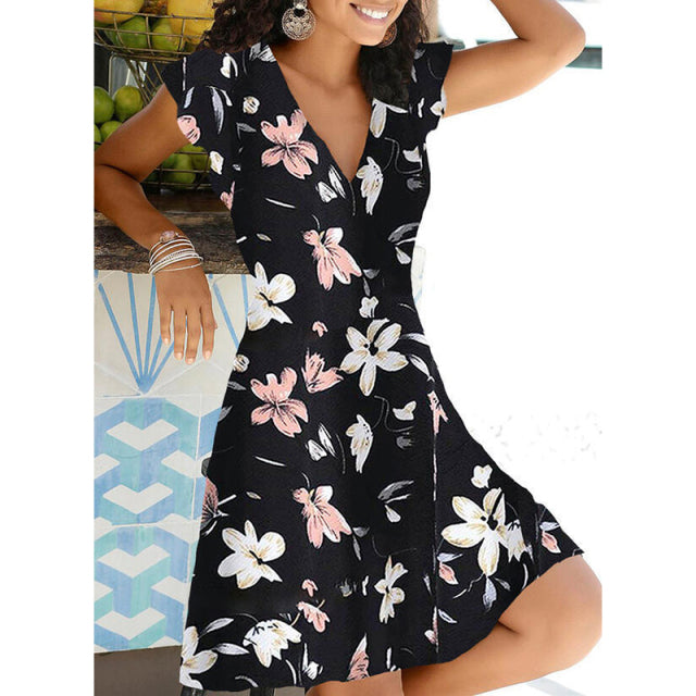 Neue Sommer V-Ausschnitt Blumendruck Partykleid Frauen Vintage Ärmelloses Tank Minikleid Frühling Lose Plus Größe A-Linie Kleid 2021