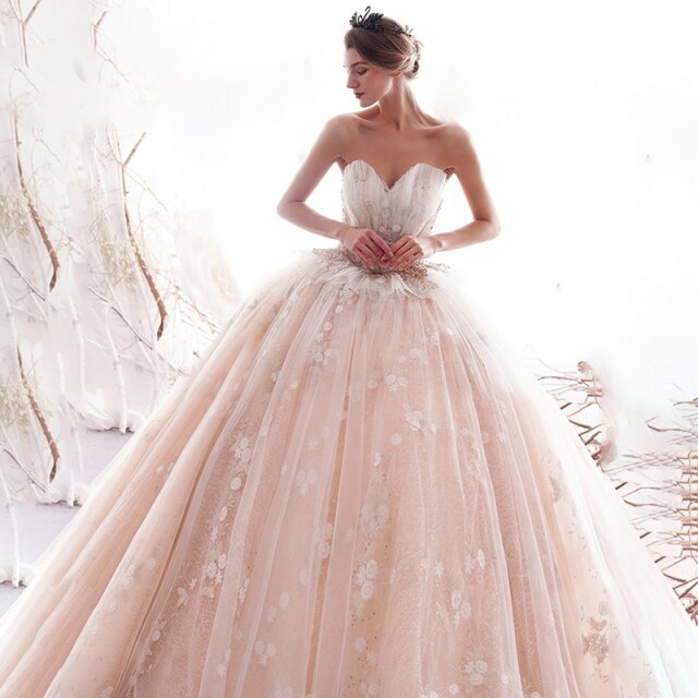 LDR03 champán 2021 nuevo vestido de novia Shell elegante largo cola flores estampado encaje lentejuelas свадебное платье бохо