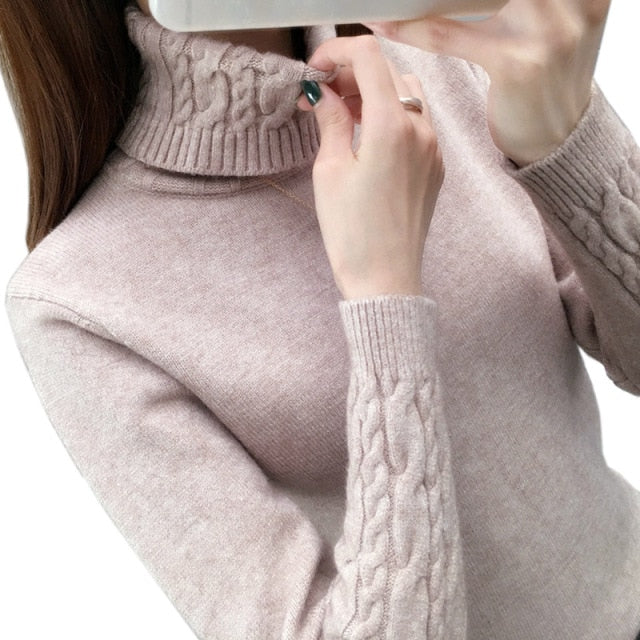 Suéter de cuello alto para mujer, jerséis de otoño e invierno, novedad de 2021, suéter de manga larga grueso y cálido para mujer, color caqui