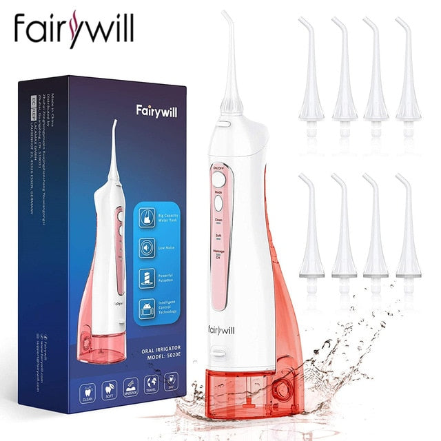 Fairywill Zahnseide für Zähne 300 ml Munddusche wiederaufladbar tragbar Dental 3 Modi Wassertank wasserdichter Zahnreiniger