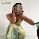 FSDA 2021 Print Knit Figurbetontes Kleid Frauen Grün Y2K Sommer Aushöhlen Sexy Ärmellose Spaghettibügel Strand Midi Kleider Party