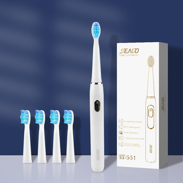 Elektrische Zahnbürste von SEAGO, wiederaufladbar. Kaufen Sie eins und erhalten Sie eins gratis. Schallzahnbürste mit 4 Modi, Reisezahnbürste mit 3 Bürstenköpfen