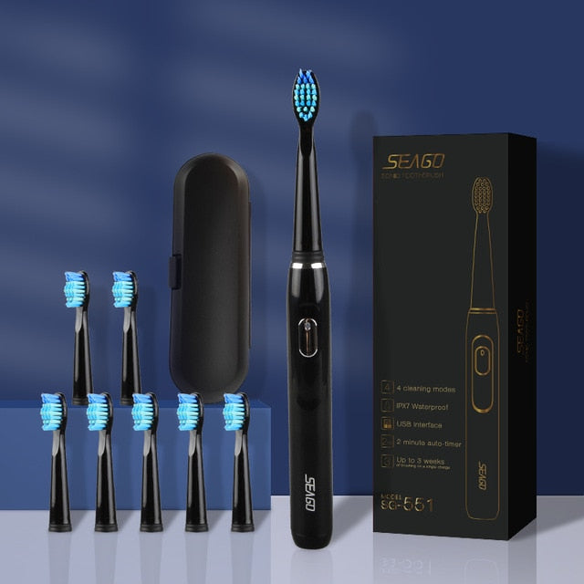 Cepillo de dientes eléctrico SEAGO recargable, compre uno y llévese uno gratis, cepillo de dientes sónico, cepillo de dientes de viaje de 4 modos con 3 cabezales de regalo