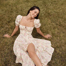 Vestido de verano para mujer, manga corta abullonada, estampado floral, fruncido, fiesta, abertura alta, largo, Maxi Vestidos con cordón, Sexy, vestido de verano