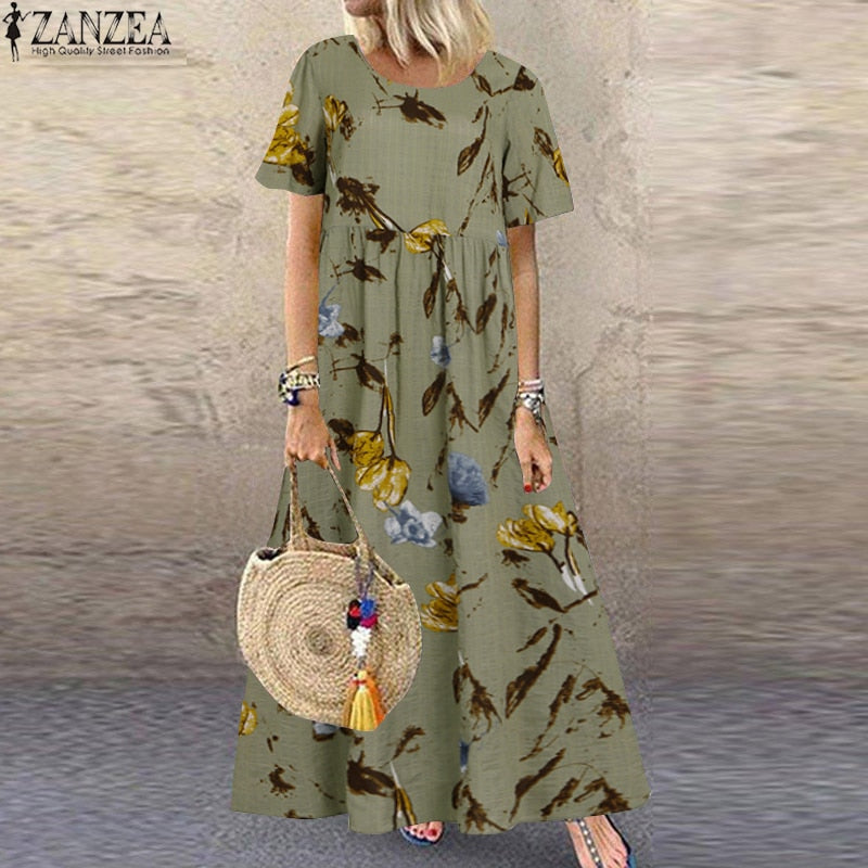 ZANZEA Mode Sommer Maxikleid Damen Bedrucktes Sommerkleid Lässig Kurzarm Vestidos Damen Hohe Taille Robe Femme Plus Größe