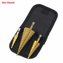 HSS-Stahl-Titan-Stufenbohrer-Handwerkzeug-Sets 3-12 4-12 4-20 4-32 mm Stufenkegelschnitt Holzbearbeitungs-Holz-Metallbohrer-Set