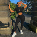 2021 verano mujer deporte Fitness 2 conjunto de dos piezas trajes de manga larga Crop Tops camiseta Leggings pantalones conjunto Bodycon chándal