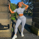 2021 verano mujer deporte Fitness 2 conjunto de dos piezas trajes de manga larga Crop Tops camiseta Leggings pantalones conjunto Bodycon chándal