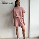Hirsionsan Sommer Baumwolle Sets Frauen Casual Zweiteiler Kurzarm T-Shirts und Hohe Taille Kurze Hosen Solide Outfits Trainingsanzug