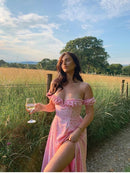 Vestido de verano para mujer, manga corta abullonada, estampado floral, fruncido, fiesta, abertura alta, largo, Maxi Vestidos con cordón, Sexy, vestido de verano