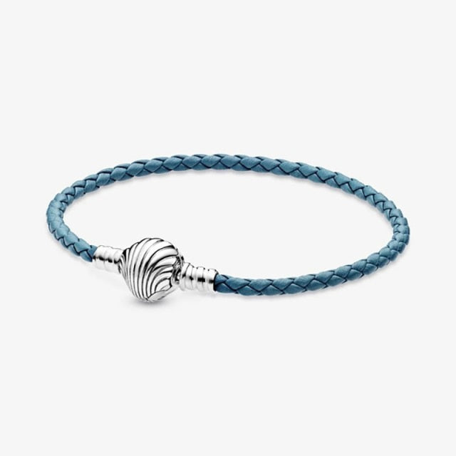Charms 925 Sterling Silver Solid Bracelet Heart T-Bar Cuff Chain Sparkling Blue Disc Broche Pulsera de cadena de serpiente Joyería de mujer