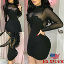 Skinny Sommerkleid 2019 Mesh Transparent Sexy Schwarze Frauen Kleid Casual Langarm Abendgesellschaft Mini Short Sexy Dress Bodycon