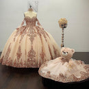 Rose Gold Sparkly Ball Gown Quinceanera Dresses Detachable Sleeves Sweetheart Sequines Applique Sweet 16 Dress Party Wear