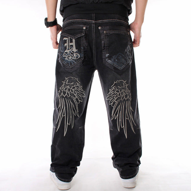 Hombres Street Dance Hiphop Jeans Moda Bordado Negro Suelto Tablero Pantalones de mezclilla General Hombre Rap Hip Hop Jeans Tallas grandes 30-46