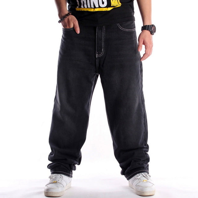 Men Street Dance Hiphop Jeans Fashion Embroidery Black Loose Board Denim Pants Overall Male Rap Hip Hop Jeans Plus Size 30-46