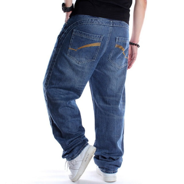 Men Street Dance Hiphop Jeans Fashion Embroidery Black Loose Board Denim Pants Overall Male Rap Hip Hop Jeans Plus Size 30-46