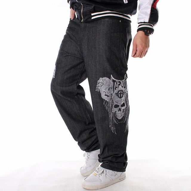 Männer Street Dance Hiphop Jeans Mode Stickerei Schwarz Loose Board Denim Hosen Insgesamt Männliche Rap Hip Hop Jeans Plus Größe 30-46