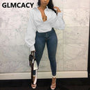 Frauen-langes Laternen-Hülsen-Knopf-Hemd Elegante schicke Tunika-Blusen-Oberteile